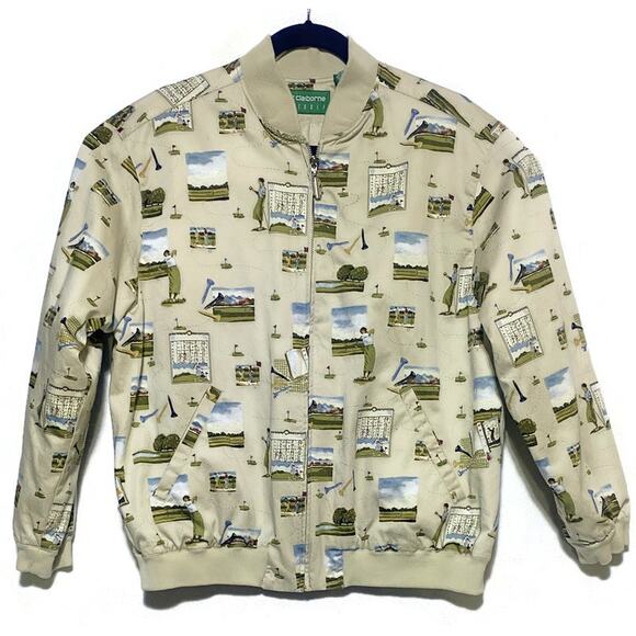 Liz Claiborne LizGolf Zip Up Jacket Women's Size Medium Lined Golf Motif Beige - Picture 1 of 8